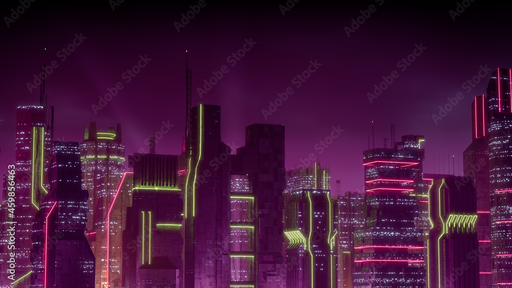 Cyberpunk City Skyline with Pink and Yellow Neon lights. Night scene ...