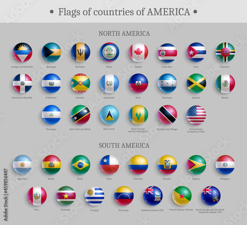 Flags of countries of America round shape badges set. North and South America official national flags glossy buttons or magnets realistic vector illustration