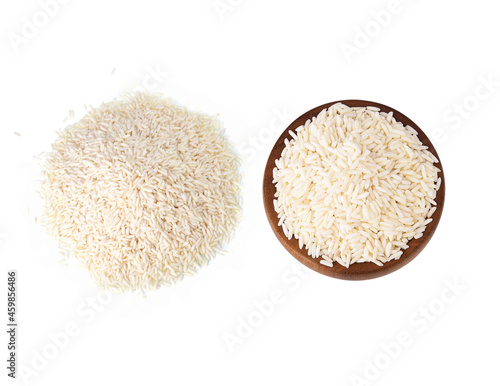 The glutinous rice white in a wooden bowl on a white background