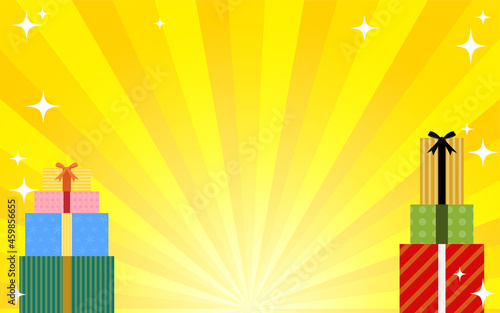 集中線のついたキラキラしたプレゼントの山の背景素材