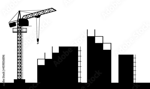 Construction of a new building. Silhouette. Cranes and Tractors. Modern technologies and equipment. Isolated on white background illustration vector