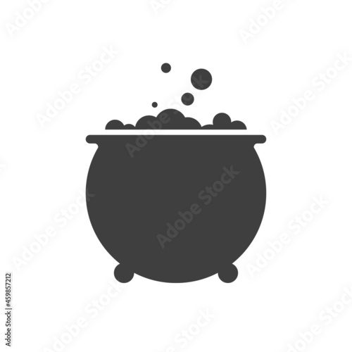 Poción de bruja para Halloween. Icono plano caldero de hierro con burbujas en color gris
