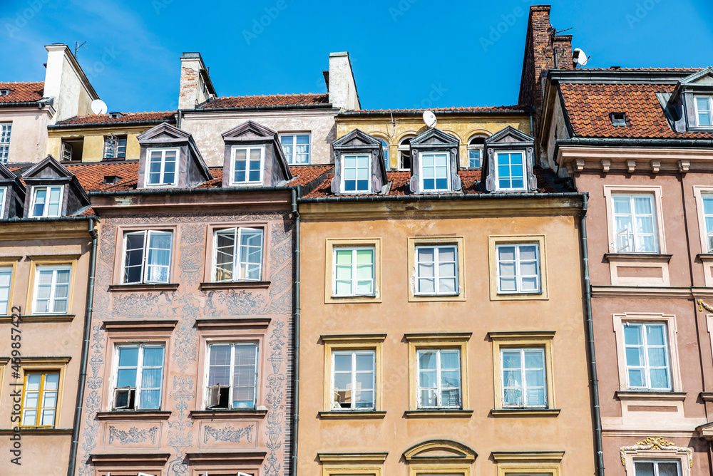 Fototapeta premium Facade of old classic buildings in Warsaw, Poland