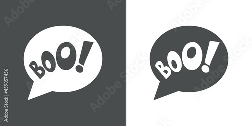 Fiesta de Halloween. Banner con texto Boo en burbuja de habla en fondo gris y fondo blanco