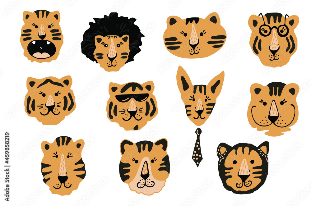 Set of cute tiger characters portraits in various emotions. For children decor, nursery design, banner, emblem, pattern