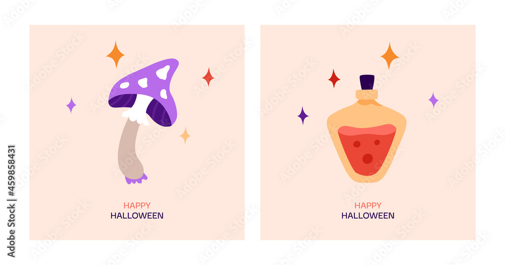 Happy Halloween greeting card. Cartoon vector illustration with cute magic mushroom, potion and stars.