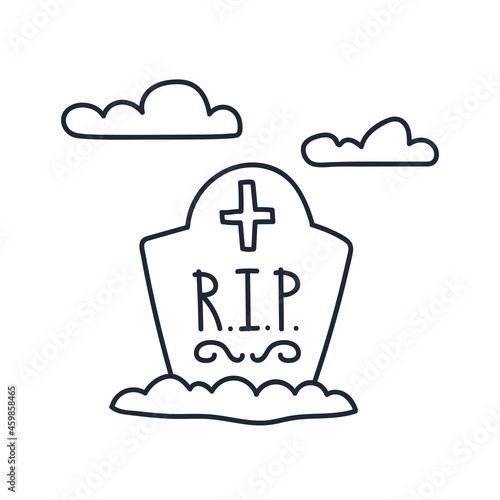 Headstone doodle with cross and clouds. Vector illustration. Happy Halloween.