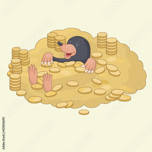 The mole lies in gold coins, vector illustration.

