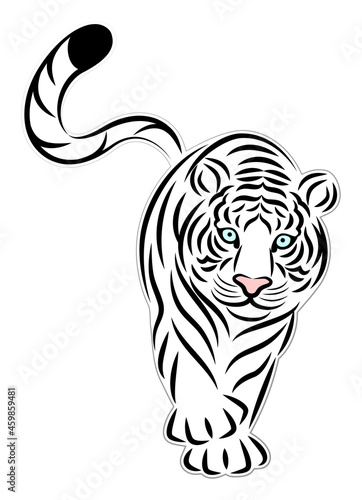                                                                                                        White tiger walking leisurely  simple illustration in cutout style  vector
