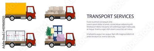 Red small trucks with different loads , empty and covered trucks, lorries with furniture and windows, delivery services banner, transport services and logistics, vector illustration