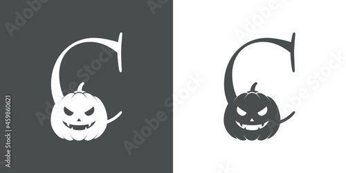 Logotipo letra inicial C con calabaza de Halloween en fondo gris y fondo blanco