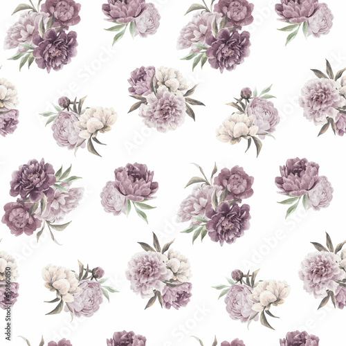 Fototapeta Naklejka Na Ścianę i Meble -  Beautiful vector seamless floral pattern with hand drawn watercolor gentle pink peony flowers. Stock illuistration.