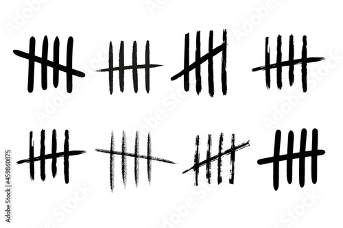 Tally mark number lines on the wall. Hand drawn sticks for counting time in prison. Vector illustration design set.