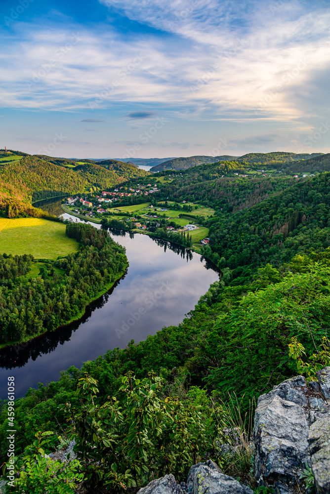 A lookout over the Vltava river in Solenicka Podkova during sunset in Czech republic. 