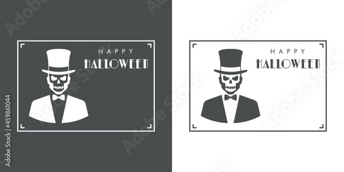 Feliz Halloween. Día de los muertos. Zombi. Banner con esqueleto con tux y chistera y texto Happy Halloween en fondo gris y fondo blanco