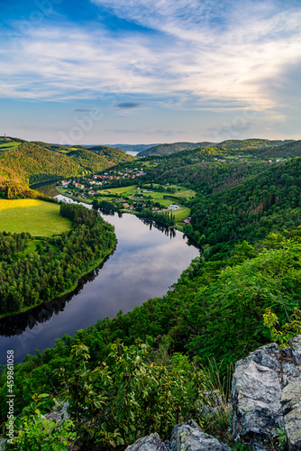 A lookout over the Vltava river in Solenicka Podkova during sunset in Czech republic. 