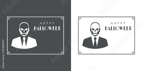Feliz Halloween. Día de los muertos. Zombi. Banner con esqueleto con traje y texto Happy Halloween en fondo gris y fondo blanco