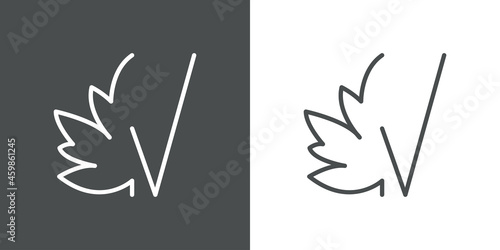 Logotipo letra inicial V en hoja de arce con lineas en fondo gris y fondo blanco