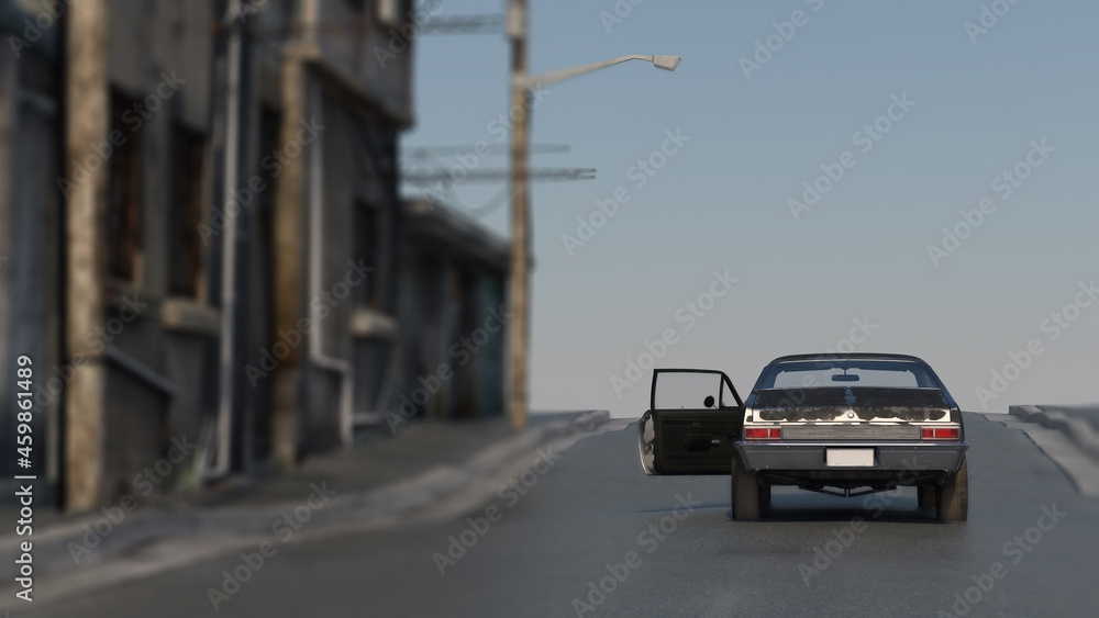 Vintage 1970s muscle car with the door open stands still on a deserted street in a derelict old village. Rear view. 3D render.