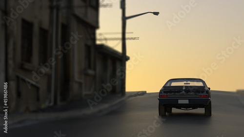 Vintage 1970s muscle car drives down a deserted street in a run-down old village at sunset. Rear view. 3D render.
