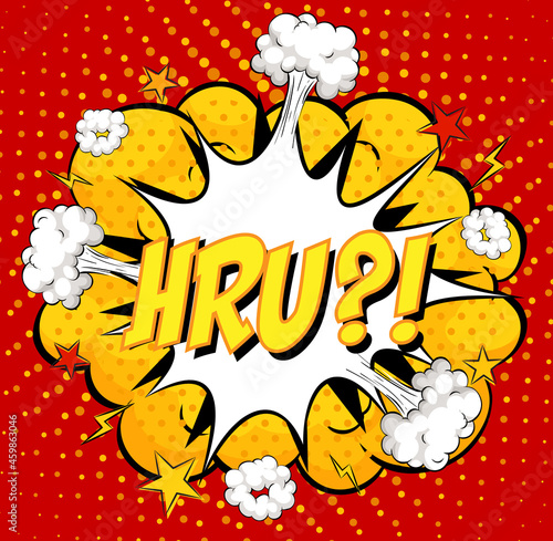 HRU text on comic cloud explosion on red background