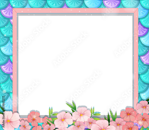 Blank banner on rainbow fish scales background with many flowers