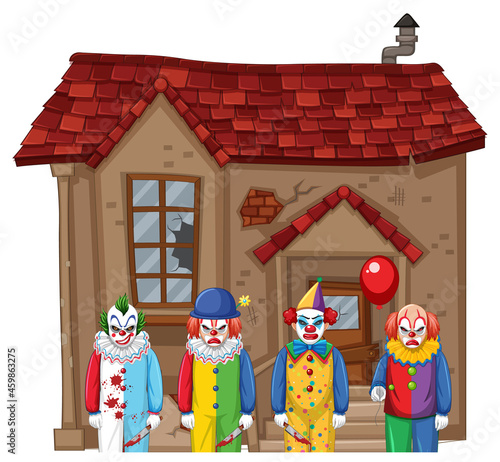 Creepy clowns standing in front of an abandoned house