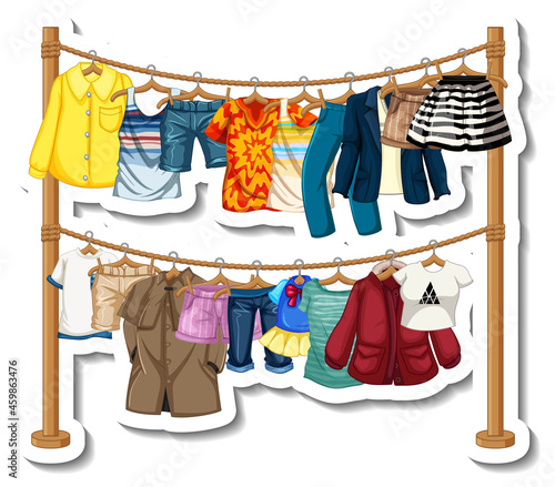 A sticker template of Clothes racks with many clothes on hangers on white background
