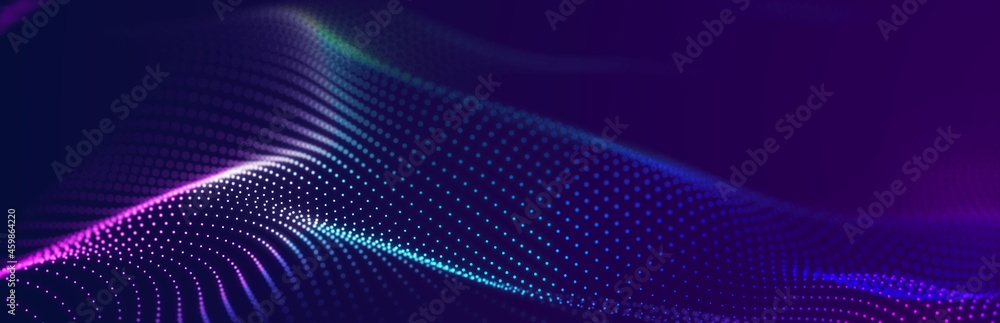 Abstract wave background with many glowing particles. Musical wave. Digital network background. 3D