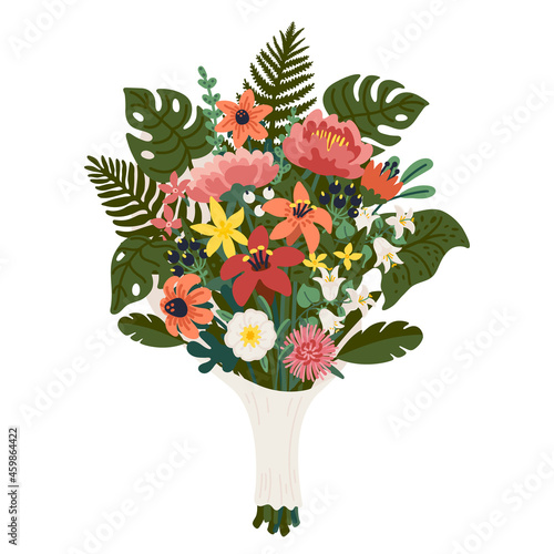 Flower bouquet, bunch of pink and yellow flowers and green branches. Vector i...