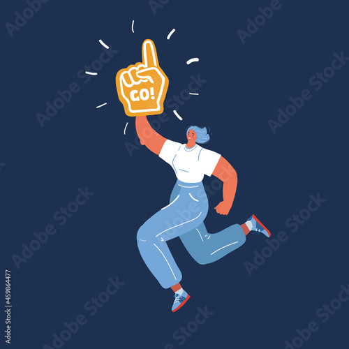 Vector illustration of Young cheerful football fan celebrating the victory over dark backrground.