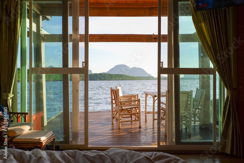 inside bedroom and nature sea view background