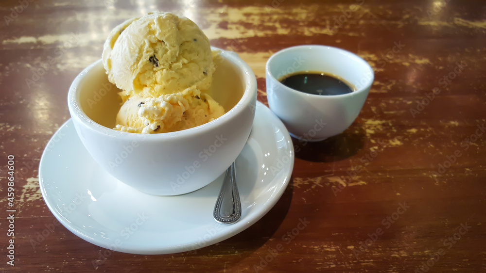 Affogato with Ice Cream and Coffee on table Affogato with Ice Cream and Coffee on table