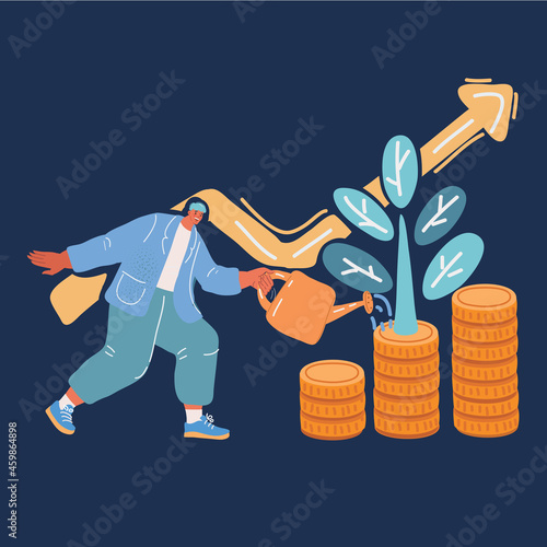 Vector illustration of Business woman watering money flower. Man investing in business project. Investment money in business over dark backround