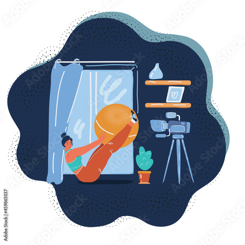 Vector illustration of woman blogger doing yoga exercises. Sportswoman recording online video with camera on tripod healthy lifestyle live streaming blogging.