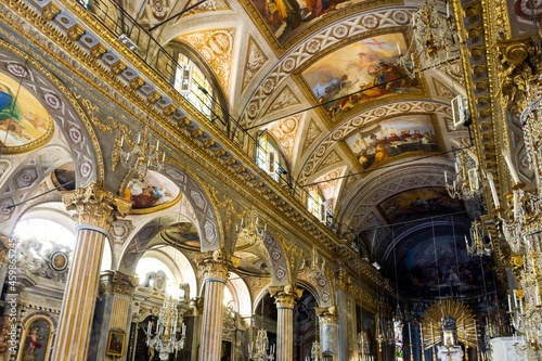 Europe. Italy. Liguria. Gulf of Tigullio, Italian Riviera. Santa Margherita. The baroque Church San Giacomo. Detail of the painted ceilings