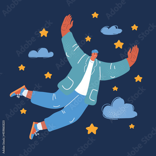 Vector illustration of man flying through starry sky over dark background