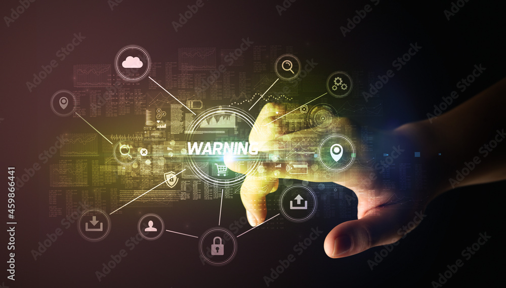 Hand touching cybersecurity button concept Hand touching cybersecurity button concept