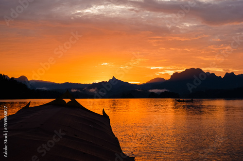 View point Mountain Floating in Rajjaprabha Dam (Cheow Lan Lake) at Khao Sok National Park, Surat thani Province Thailand, Sunset time