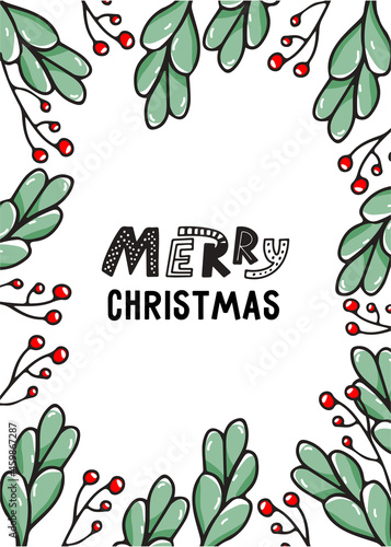 Merry Christmas greeting card with lettering and cute floral frame in doodle style. Vector hand drawn illustration