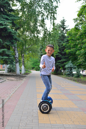 A boy rides gyroscooter