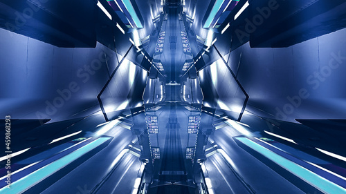 Fototapeta Naklejka Na Ścianę i Meble -  Modern futuristic neon background with rays and lines. Dark abstract background. Light tunnel, corridor. Cyber, gaming industry. 3d illustration 