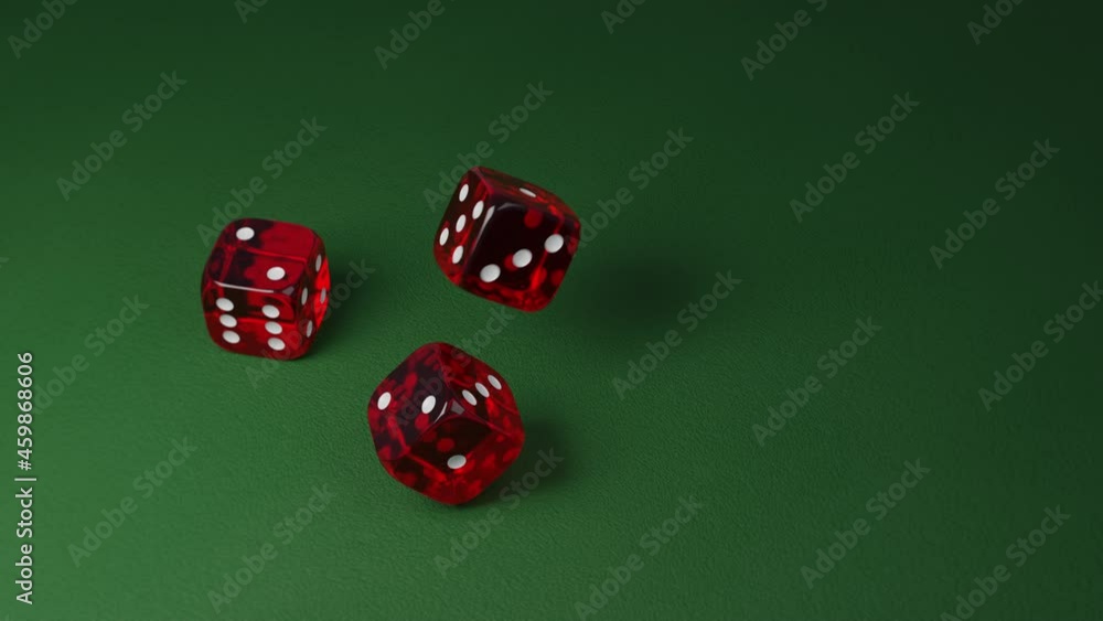 Three dices falling and rolling on green table surface. Slow motion. Transparent red colored plastic, white dots. Realistic 3D Render. Gambling, casino, playing game addiction concept. Luck, success Three dices falling and rolling on green table surface. Slow motion. Transparent red colored plastic, white dots. Realistic 3D Render. Gambling, casino, playing game addiction concept. Luck, success
