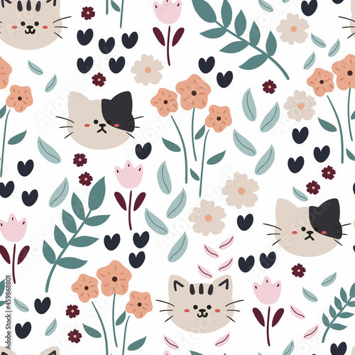 Seamless pattern with cute cartoon cat and plant for fabric print, textile, gift wrapping paper. colorful vector for textile, flat style