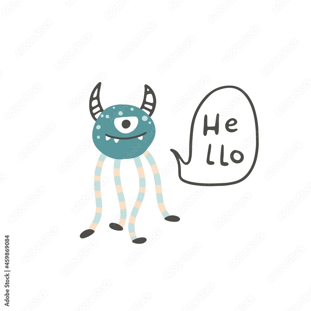 Cyclops monster with horns. He says hello. Cute cartoon character in simple hand drawn scandinavian style. Vector childish doodle illustration. Baby card, print for clothes.