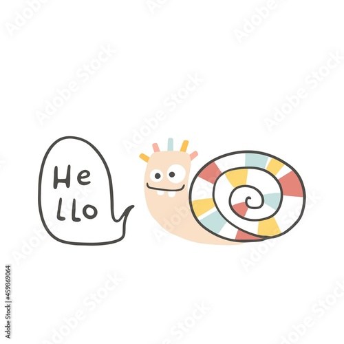 The snail monster smiles. He says hello. Cute cartoon character in simple hand drawn scandinavian style. Vector childish doodle illustration. Baby card, print for clothes.