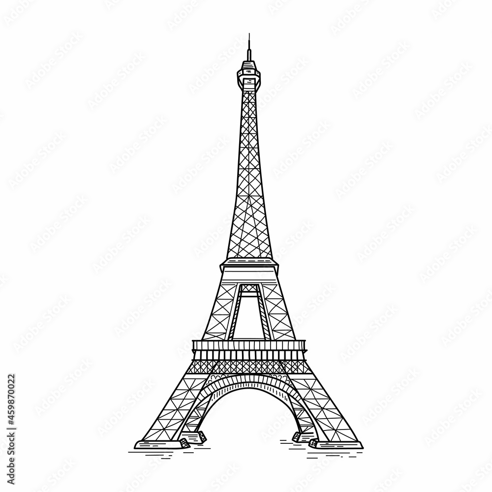 Drawing, engraving, ink, line art, vector illustration eiffel tower sketch in silhouette on a white background.