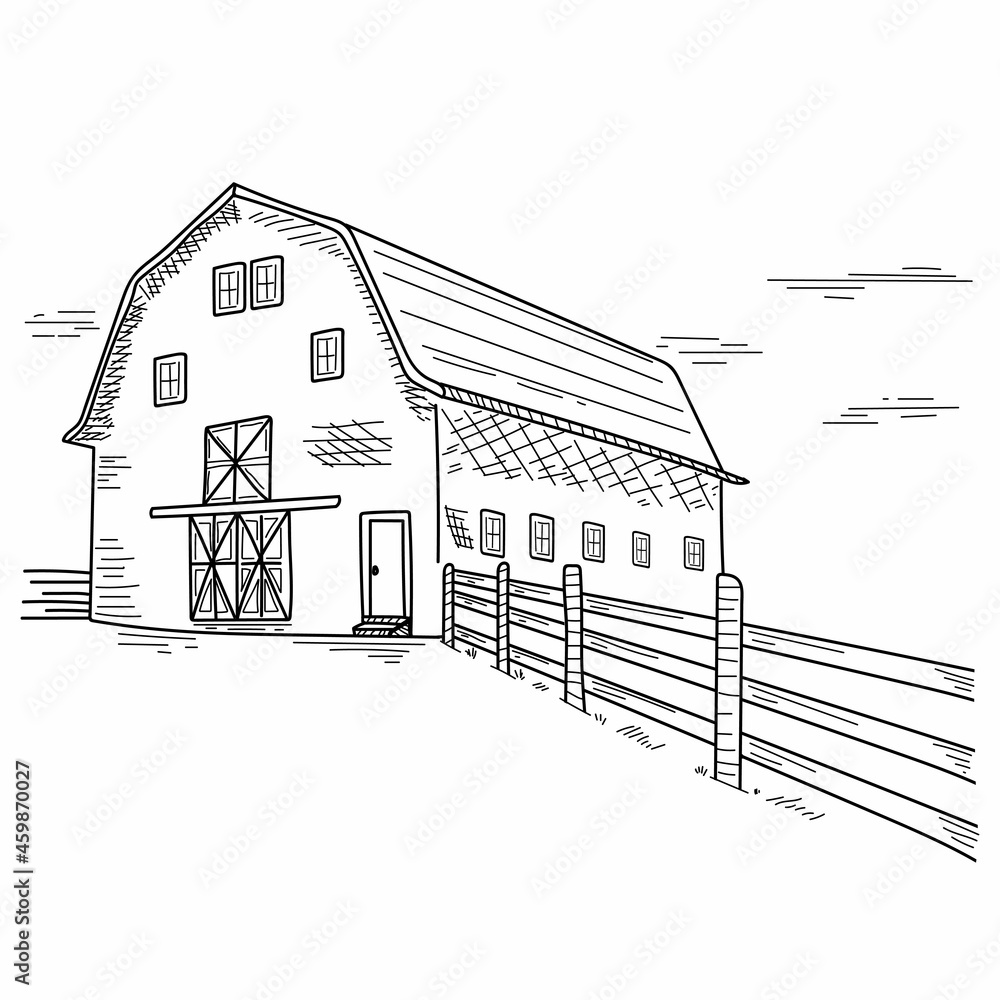 Drawing, engraving, ink, line art, vector illustration farm barn village sketch in silhouette on a white background.