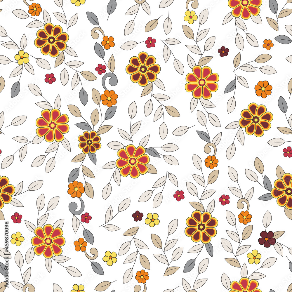 Floral seamless vector pattern.Folk embroidery imitation. Red, yellow, orange flowers, grey and light beige curls and simple leaves with dark contour on white background. 