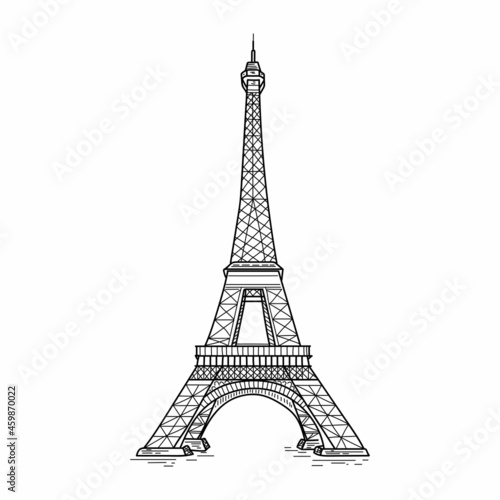 Obraz na płótnie Drawing, engraving, ink, line art, vector illustration eiffel tower sketch in silhouette on a white background